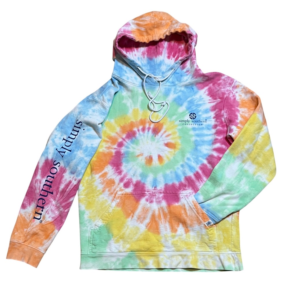 Simply Southern Hoodie Womens Medium Multi Color Tie Dye Graphic Logo Sweatshirt